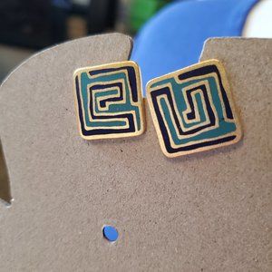 Vintage Laurel Burch Mystery Square Stud Earrings Blue and Green Design Classic